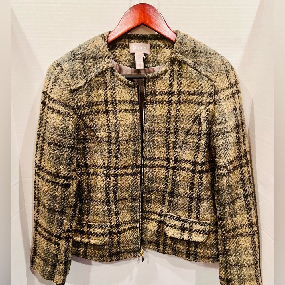 Chico's Blazer Wool Blend Tan Black Gray Full Zip. Size 0